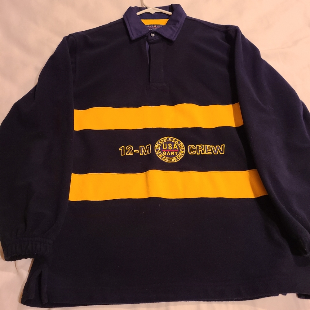 (2002) Gant, Men's Long Sleeve Rugger Fleece, Blue with yellow trim, Size: Small